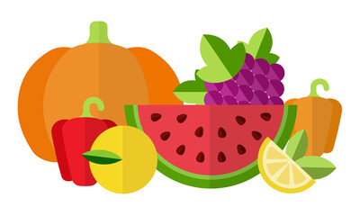 Composition of bio food, harvest festival, fruits and vegetables vector illustration