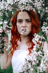 portrait 1 white young romantic woman with red hair and pink dress among the Apple trees