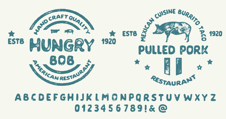 Hand drawn vintage retro font. Outdoor advertising of American restaurants and eateries inspired typeface. Textured unique brush script style alphabet. Letters and numbers. Vector Illustration.