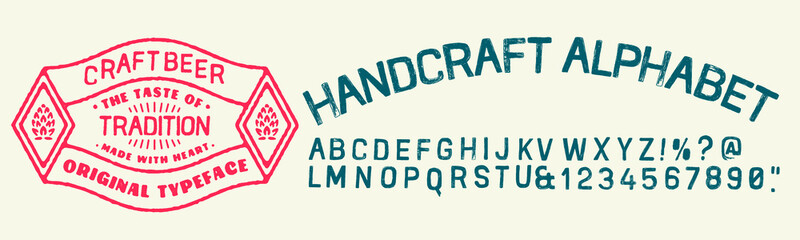 Brewery vintage alphabet font. Custom handwritten alphabet. Retro textured hand drawn typeface with grunge effect. Vector illustration. Letters and Numbers. Original Design
