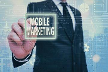 Word writing text Mobile Marketing. Business photo showcasing advertising that promotes products via adaptable devices
