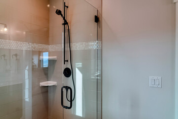 Shower stall with frameless glass enclosure and hinged door inside bathroom