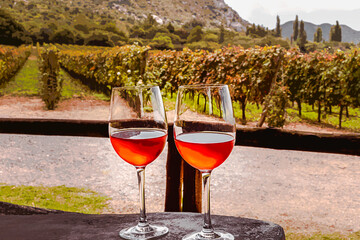 Painting of two glasses of rose wine in a vineyard in Cafayate, Salta, Argentina