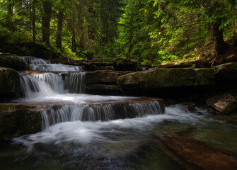 Waterfalls with Spruce Forest in Beskydy Mountains