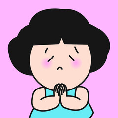 Obraz premium Sad, Sorry, Sorrow Face Asian Young Girl Begging, Wai, Worship Gesture Concept Card Character illustration