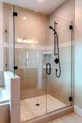 Shower stall with half glass enclosure and black shower head and handle - obrazy, fototapety, plakaty