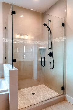 Shower stall with half glass enclosure and black shower head and handle