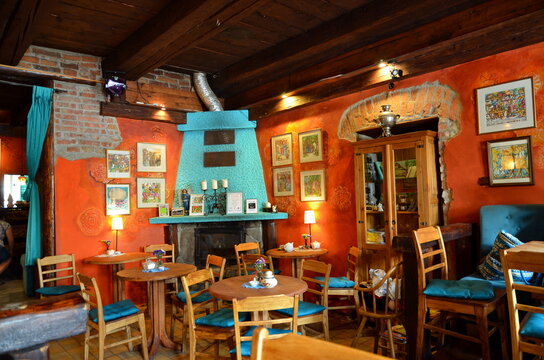 LANCKORONA, POLAND - AUGUST 19, 2017: Restaurant in historic city centre of Lanckorona, polish resort. Wooden house inscribed on UNESCO world heritage list.