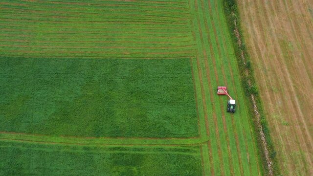 Aerial top-down view of a tractor cutting grass moving on beautiful fresh green field meadow pasture. the cut grass will be dried and become hay and then used as animal silage.