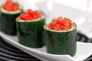 salad of cucumber cups, stuffed with tomatoes and flaxseed