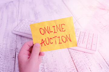 Text sign showing Online Auction. Business photo showcasing digitized sale event which item is sold...