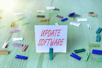 Writing note showing Update Software. Business concept for an application patch fixing the...