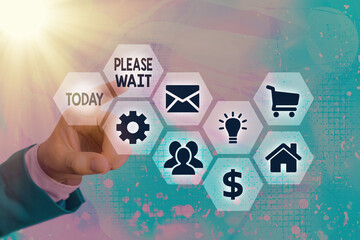 Conceptual hand writing showing Please Wait. Concept meaning to pause any implemented action immediately and hold on