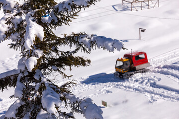 Pine tree is covered with snow. The red snow vehicle is out of focus in the background and clearing the road by cleaning the snow.