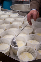 Fototapeta na wymiar The making of ricotta cheese: farmer filling small plastic containers with hot ricotta cheese