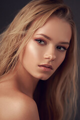 Obraz premium Closeup face portrait of young pretty caucasian woman with long blonde woman looking in camera and posing against gray background. Shallow DOF.