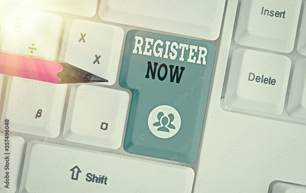 Poster writing note showing register now. business concept for subscribe online or apply immediately to mak