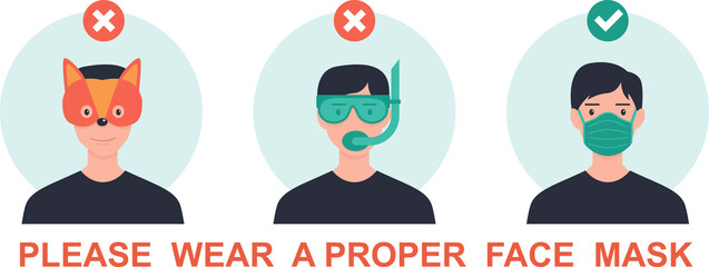 please wear a face mask avoid covid-19 coronavirus. warning or caution sign.Funny and Trendy vector illustration in flat cartoon style.