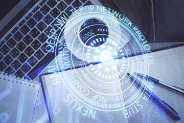 Obraz premium Multi exposure of data theme drawing hologram over topview work desk background with computer. Concept of technology.