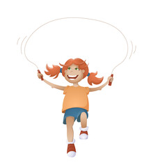 Cartoon Happy Smiling Girl With Jumping Rope. Vector Illustration Isolated On White Background