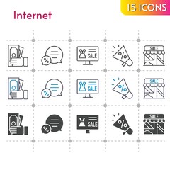 internet icon set. included online shop, megaphone, shop, money, chat icons on white background. linear, bicolor, filled styles.