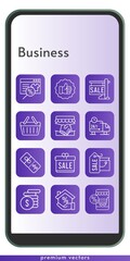 business icon set. included gift, online shop, handshake, shopping bag, sale, mortgage, money, like, discount, delivery truck, shopping basket icons on phone design background . linear styles.