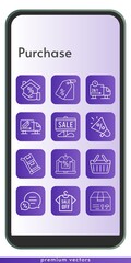 purchase icon set. included megaphone, online shop, sale, shirt, mortgage, package, chat, price tag, delivery truck, shopping basket, trolley icons on phone design background . linear styles.