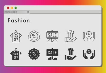 fashion icon set. included sale, shirt, discount, jacket icons on white background. linear, filled styles.