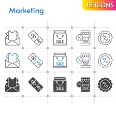 Fototapeta premium marketing icon set. included newsletter, shopping bag, online shop, discount icons on white background. linear, bicolor, filled styles.