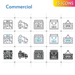 commercial icon set. included shopping bag, shop, delivery truck, open icons on white background. linear, bicolor, filled styles.