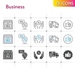 Fototapeta premium business icon set. included shop, like, discount, placeholder, delivery truck icons on white background. linear, bicolor, filled styles.