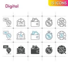 digital icon set. included online shop, wallet, placeholder, stopwatch, internet icons on white background. linear, bicolor, filled styles.