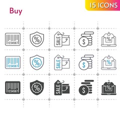 buy icon set. included shopping bag, online shop, money, warranty, barcode icons on white background. linear, bicolor, filled styles.