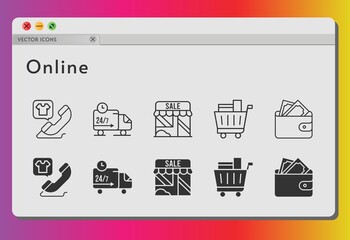 online icon set. included shop, wallet, shopping cart, phone call, delivery truck icons on white background. linear, filled styles.