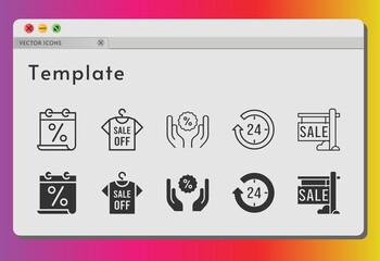 template icon set. included calendar, 24-hours, sale, shirt, discount icons on white background. linear, filled styles.