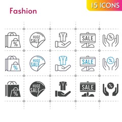 fashion icon set. included shopping bag, sale, jacket, discount icons on white background. linear, bicolor, filled styles.