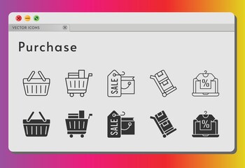 purchase icon set. included shopping bag, online shop, shopping cart, shopping-basket, shopping basket, trolley icons on white background. linear, filled styles.