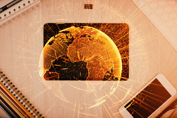 Double exposure of social network theme drawing over table with phone. Top view. People connecting...