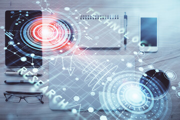 Multi exposure of technology theme drawing over work table desktop. Top view. Global data analysis concept.