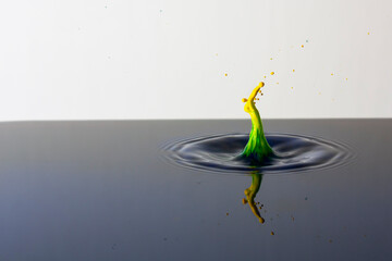 Splash of bright paint in still water. Drop of toxic yellow and green paint falling on calm surface of clean water and causing ripples