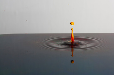 Splash of bright paint in still water. Drop of toxic yellow and red paint falling on calm surface of clean water and causing ripples