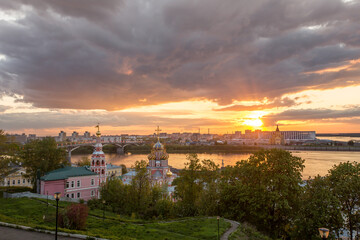 Nizhny Novgorod. Stunning summer sunset in Nizhny Novgorod with a view of the arrow and the confluence of the Volga and Oka rivers