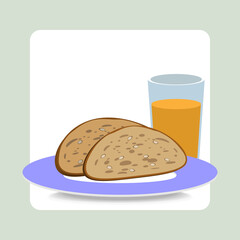 Two pieces of grain bread, with sesame seeds, on blue plate, and a glass of orange juice. Healthy and fresh breakfast