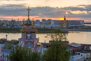 Nizhny Novgorod. Stunning summer sunset in Nizhny Novgorod with a view of the arrow and the confluence of the Volga and Oka rivers