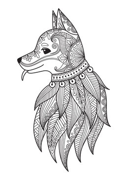 Dog doodle coloring book page. Antistress for adult. Zentangle style. Chinese symbol of the year the dog in the eastern horoscope.