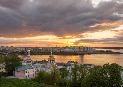 Nizhny Novgorod. Stunning summer sunset in Nizhny Novgorod with a view of the arrow and the confluence of the Volga and Oka rivers