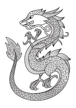 Chinese dragon doodle coloring book page. Antistress for adult. Zentangle style. Chinese symbol of the year the dragon in the eastern horoscope.