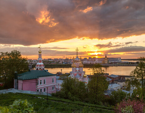 Nizhny Novgorod. Stunning summer sunset in Nizhny Novgorod with a view of the arrow and the confluence of the Volga and Oka rivers