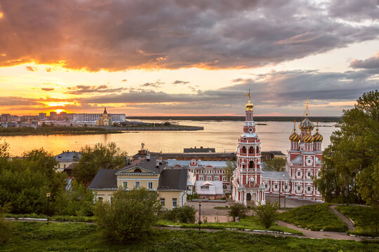 Nizhny Novgorod. Stunning summer sunset in Nizhny Novgorod with a view of the arrow and the confluence of the Volga and Oka rivers