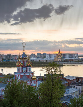 Nizhny Novgorod. Stunning summer sunset in Nizhny Novgorod with a view of the arrow and the confluence of the Volga and Oka rivers